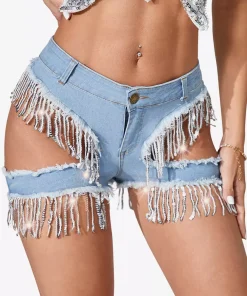 Elegant Fringed Skinny Denim Shorts With Cutout Design