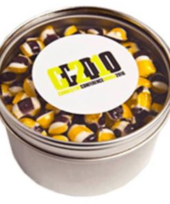 100g Humbugs on a Small Round Window Tins – Branded Tin with Stickers